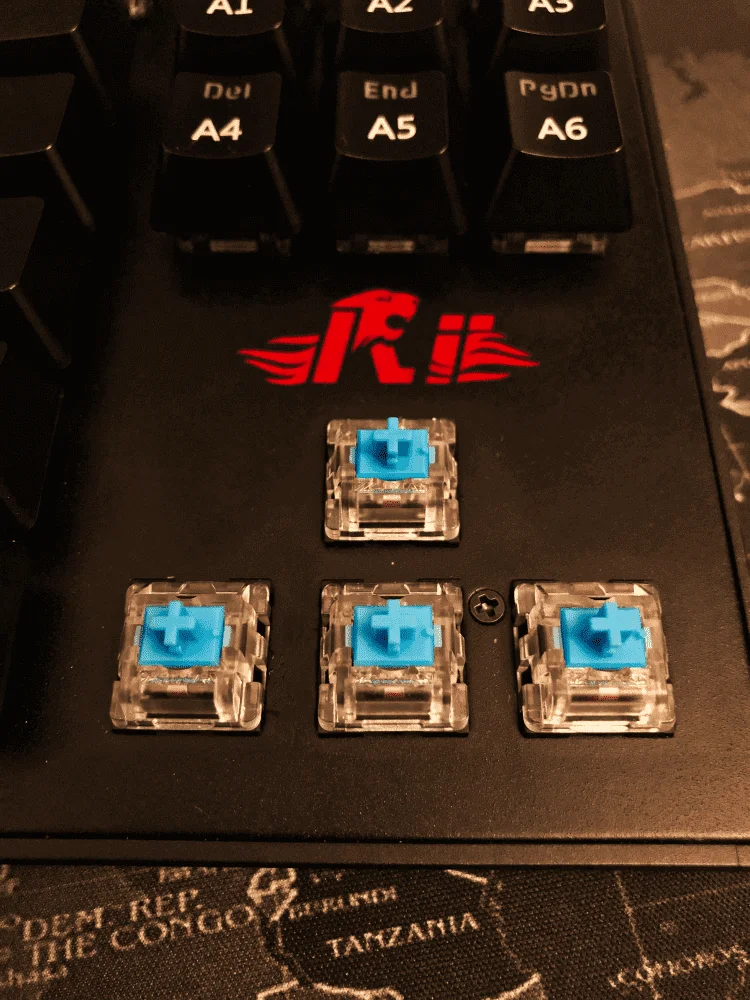 Rii RK908 keyboard with blue switches exposed