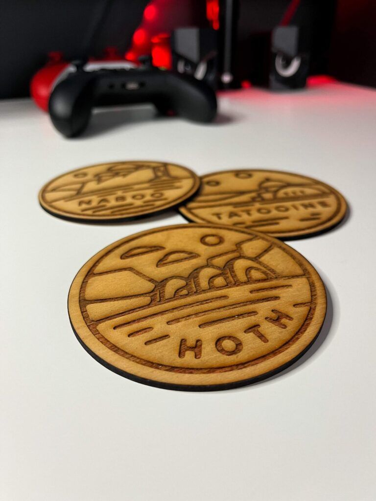 Picture of some wooden Star Wars planet drinks coasters